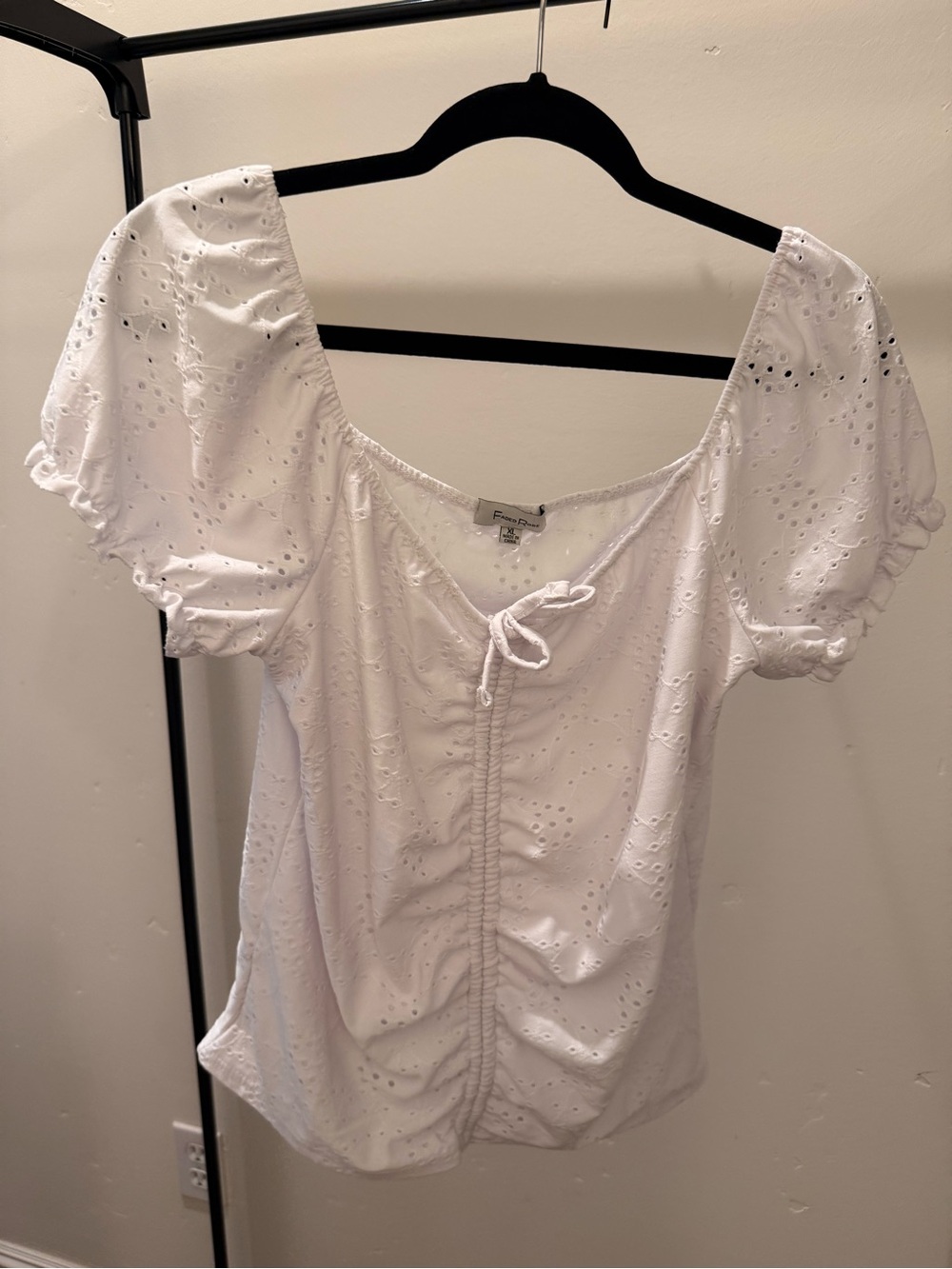 Eyelet Tie-Front Puff Sleeve Blouse in White